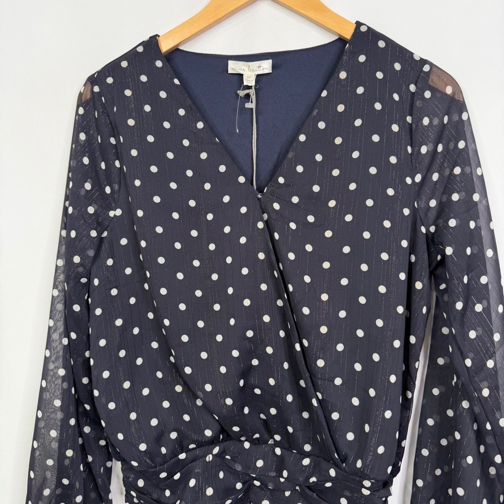 Nine Britton Inez Chiffon Smocked Bottom Blouse Navy Polka Dot Metallic SP NWT - Picture 5 of 8